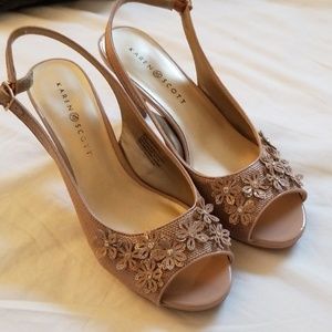 Nude flower and crystal embellished heels
